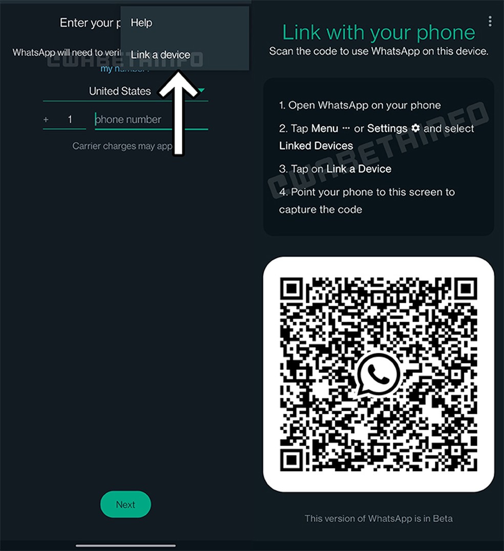 QR Code é gerado no momento de cadastro para vínculo com conta já existente  — Foto: Divulgação/WABetaInfo 
