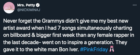 A crítica feita por Nick Minaj aos organizadores do prêmio Grammy (Foto: Twitter)