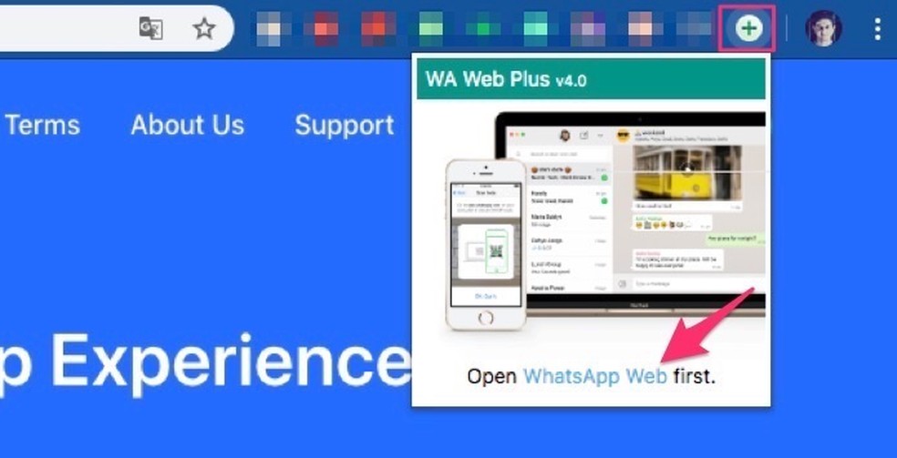 Ação para iniciar o WhatsApp Web através da extensão WA Web Plus para Chrome — Foto: Reprodução/Marvin Costa