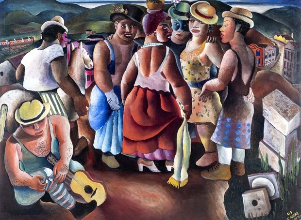 Obra 'Carnaval', de Di Cavalcanti, possui cores fortes e vibrantes com um grupo reunido em um morro (Foto: Di Cavalcanti / Divulgação)