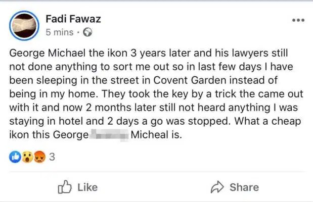 O desabafo de Fadi Fawaz sobre sua vida nas ruas de Londres com direito a xingamento ao ex, George Michael (Foto: Facebook)