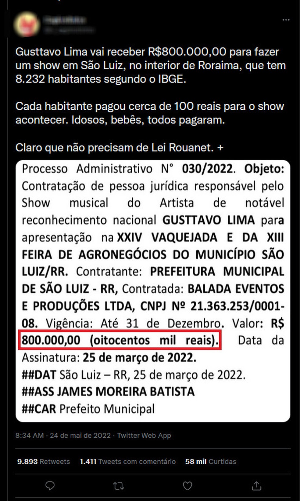 Postagem no Twitter viralizou com a informação sobre o show de Gusttavo Lima pago pela prefeitura de São Luiz — Foto: Reprodução/Twitter