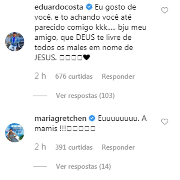 Eduardo Costa e Gretchen comentam post de Thammy (Foto: ReproduÃ§Ã£o/Instagram)