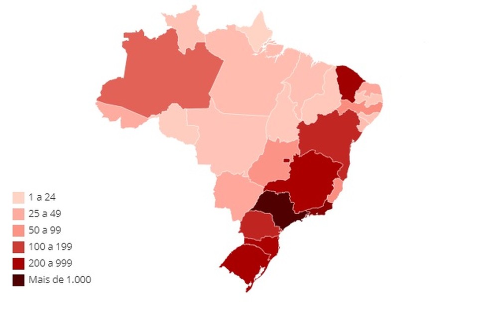 Mapa mostra os casos de coronavírus no país — Foto: Arte-G1