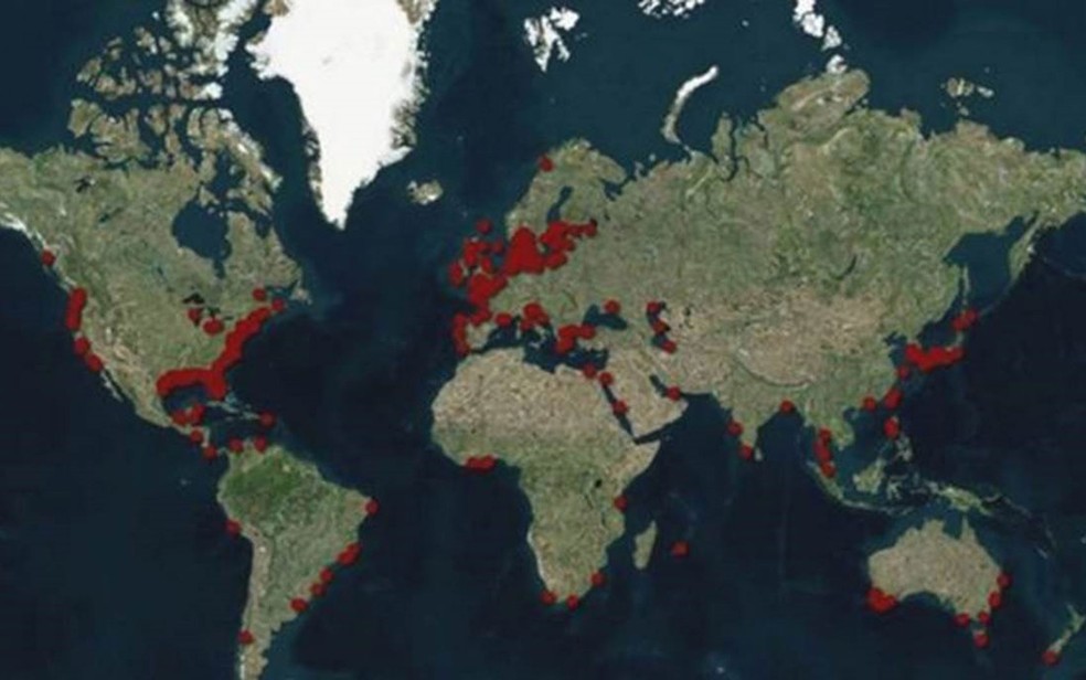 As 'zonas mortas', áreas com baixo nível de oxigênio, estão localizadas fundamentalmente nas costas (Foto: Water Resources Institute)
