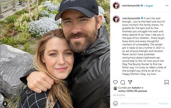 O post de Ryan Reynolds em homenagem à esposa, Blake Lively, no Dia das Mães (Foto: Instagram)
