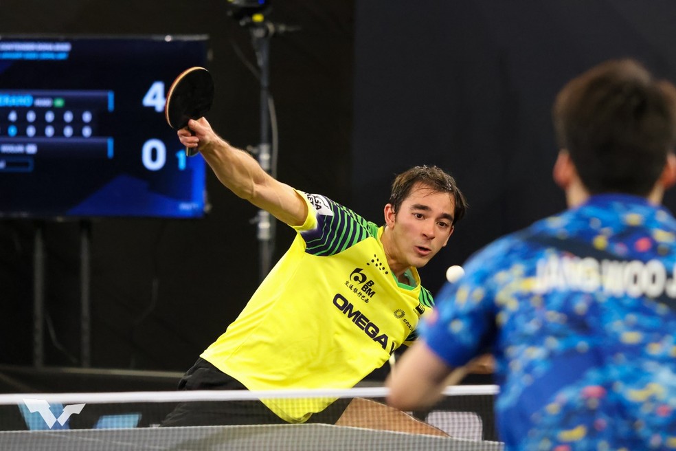 Hugo Calderano na final do WTT de Doha 2023 &mdash; Foto: WTT
