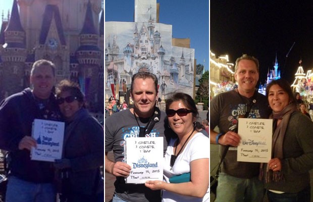 Michael e Diane Greening na Disney de Tóquio, da Califórnia e da Flórida; eles visitaram os três parques no mesmo dia (Foto: Reprodução/Twitter/Michael Greening)