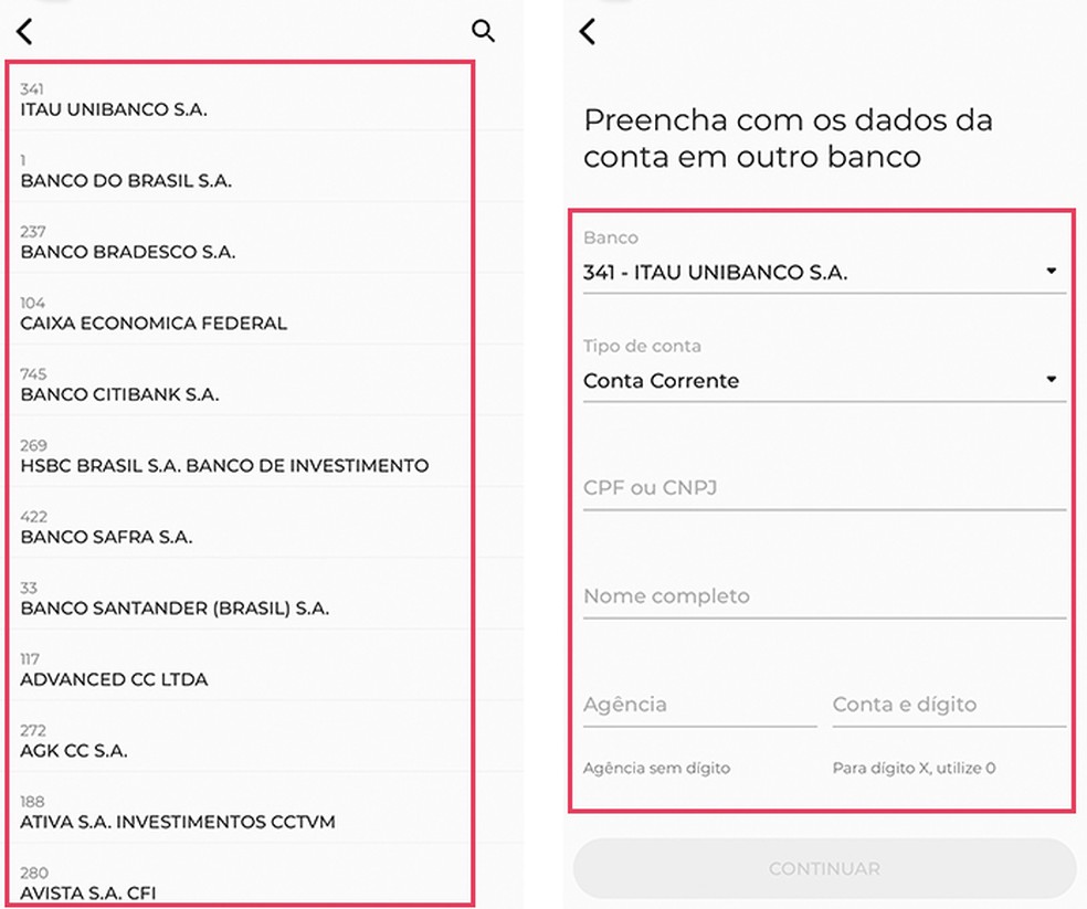 Selecione o banco para fazer a transferência do C6 Bank e digite as informações da conta — Foto: Reprodução/Barbara Mannara