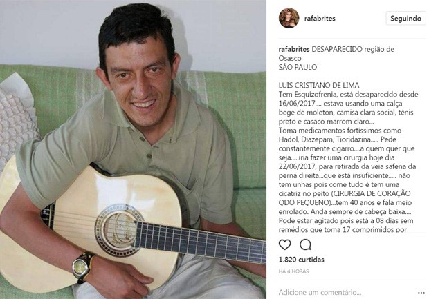 Post de Rafa Brites ajudou a encontrar homem desaparecido (Foto: Reprodução/Instagram)