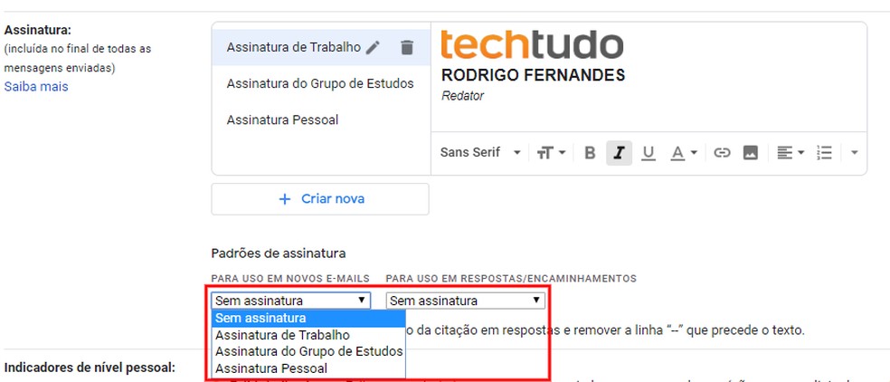 Escolhendo uma assinatura padrão nas configurações do Gmail — Foto: Reprodução/Rodrigo Fernandes