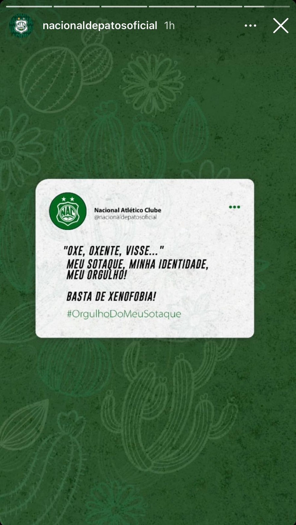 Nacional de Patos condena declarações de Drica Borba — Foto: Reprodução / Instagram