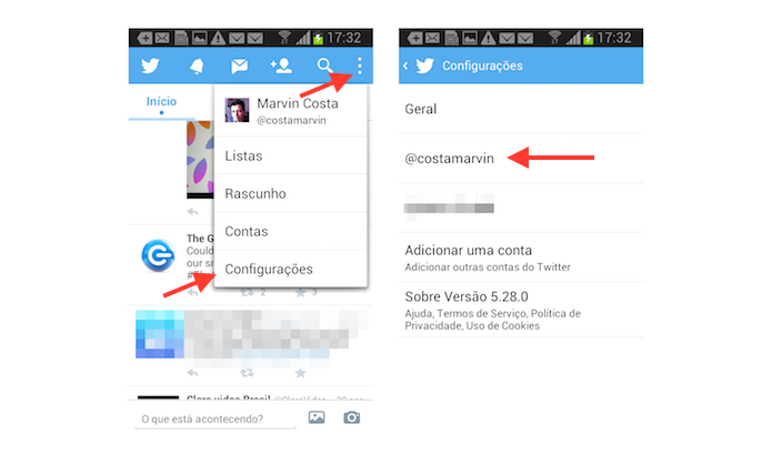 Acessando as configurações de uma conta no Twitter para Android (Foto: Reprodução/Marvin Costa)