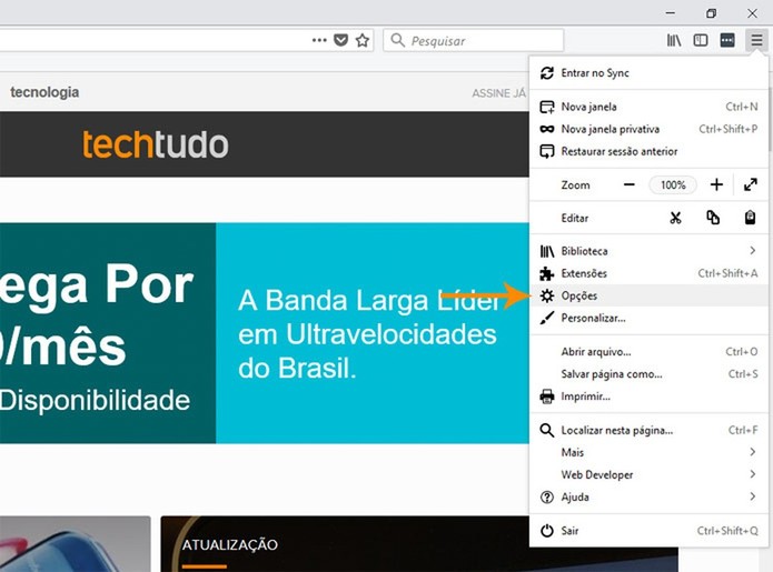 Acesse as opções de configuração do Firefox (Foto: Reprodução/Pedro Cardoso) Acesse as opções de configuração do Firefox (Foto: Reprodução/Pedro Cardoso)