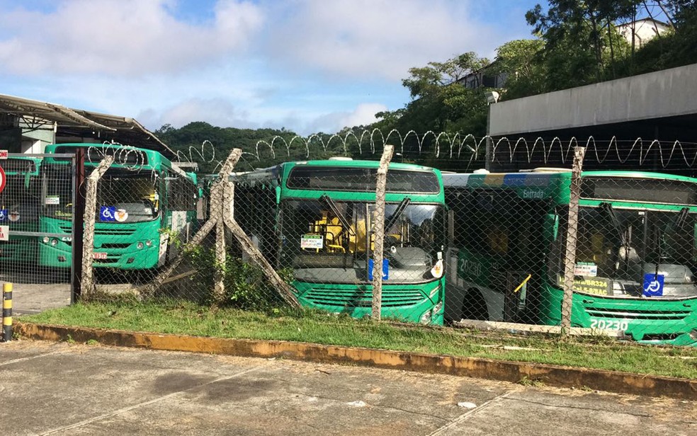 Garagem de ônibus da empresa OT Trans neste domingo (20) (Foto: Ramon Ferraz/ TV Bahia)