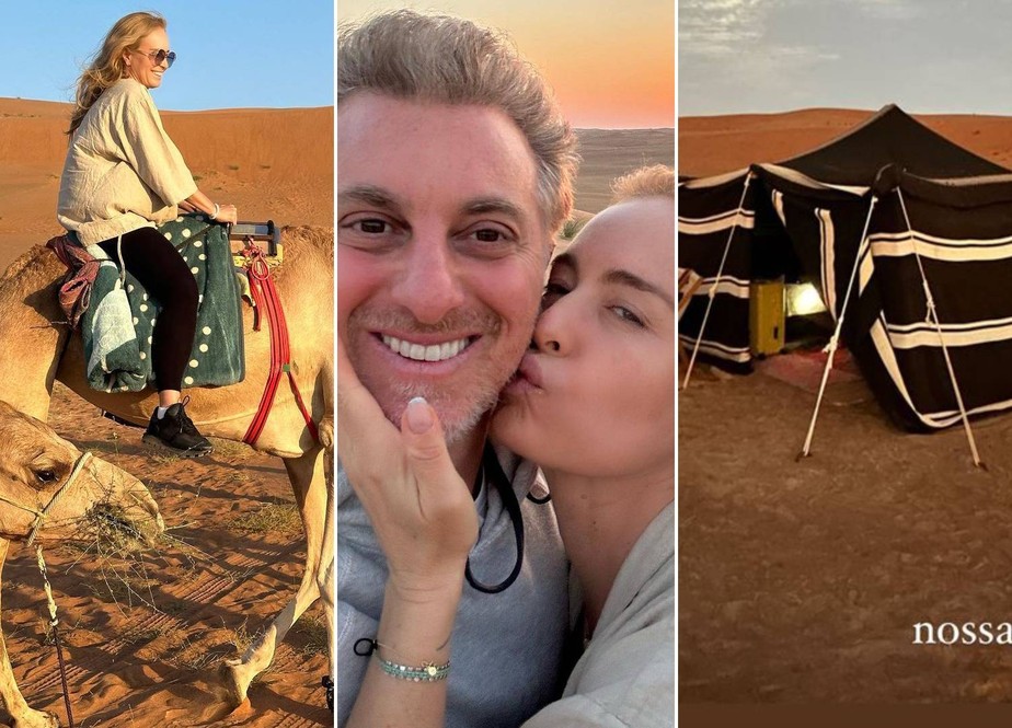 Angélica e Luciano Huck dormem em barra no deserto e andam a camelo em viagem com os filhos