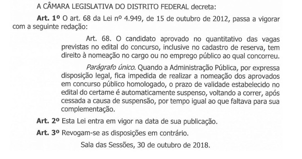 Câmara do DF aprova lei que 'pausa' validade de concursos quando não puder ter nomeação — Foto: Diário da Câmara Legislativa/Reprodução
