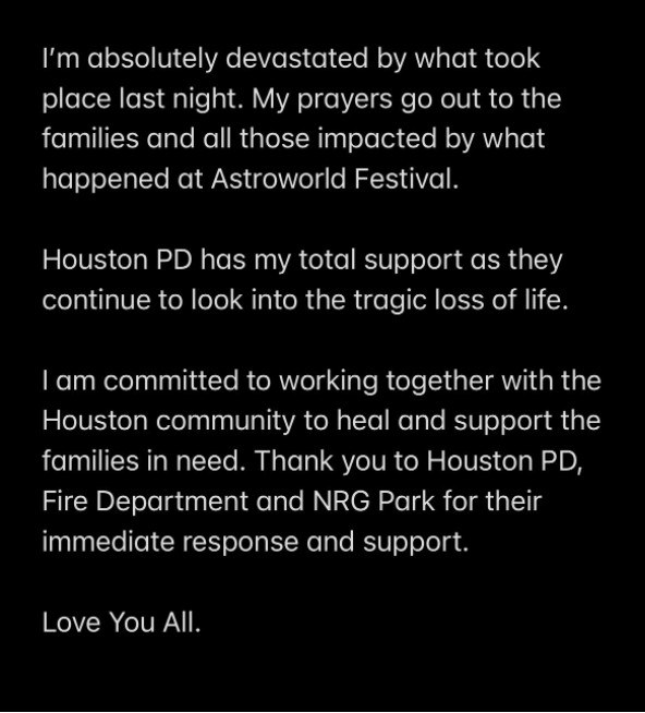 Declaração de Travis Scott sobre mortes no Astroworld (Foto: Reprodução Twitter)