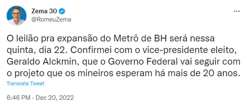 Romeu Zema (Novo) confirma que leilão de privatização do metrô de BH está mantido — Foto: Reprodução/Redes sociais