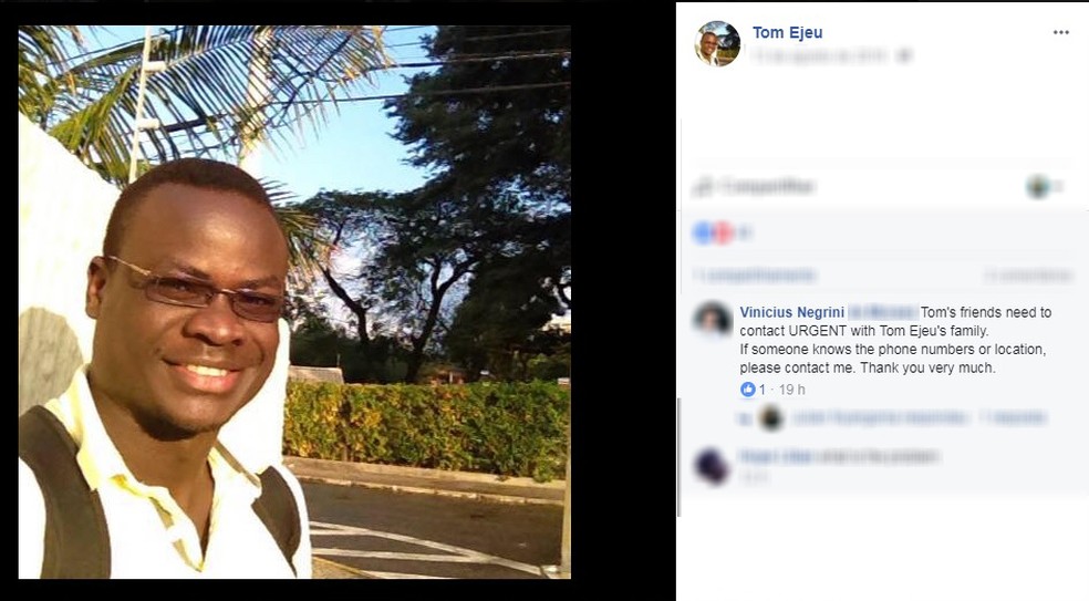 Amigo deixa mensagem em inglês a procura de familiares do ugandense Tom Ejeu, que morreu em Santa Branca (Foto: Reprodução/ Facebook)