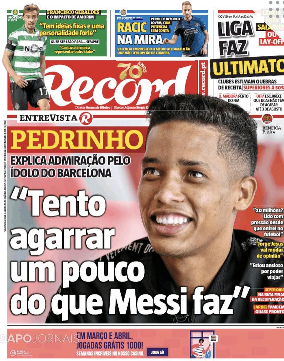 Pedrinho na capa do jornal "Record", de Portugal — Foto: Reprodução