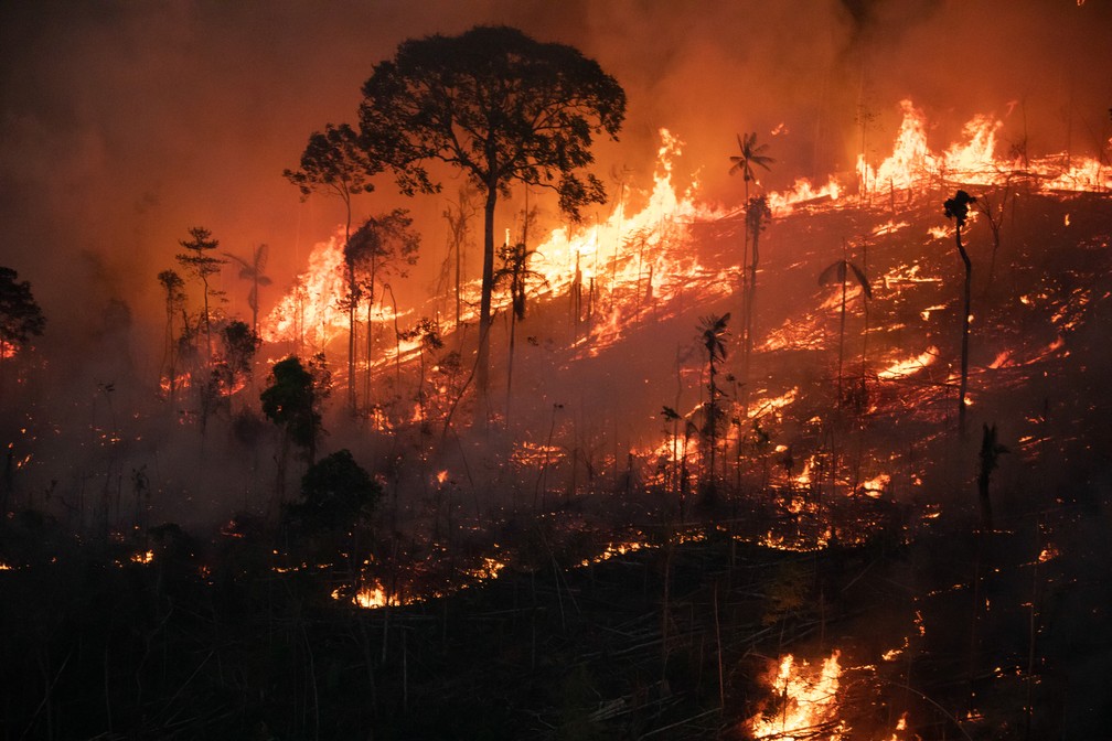 Sobrevoo do Greenpeace em 30 de agosto na região da Amacro (Amazonas, Acre e Rondônia), em uma área com cerca de 8.000 hectares de desmatamento - a maior em 2022 - que está queimando há dias. — Foto: Nilmar Lage/Greenpeace/Divulgação