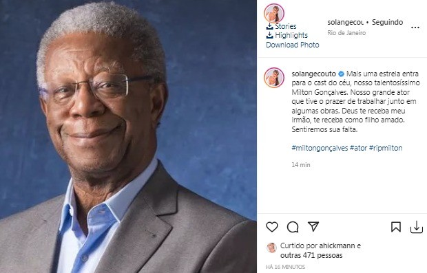 Solange Couto lamenta morte de Milton Gonçalves (Foto: Reprodução/Instagram)