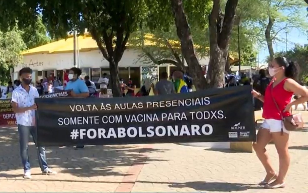 Manifestantes protestam contra Bolsonaro e a favor da vacina em Barreiras — Foto: Reprodução/TV Bahia