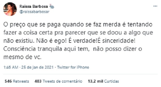 Raíssa Barbosa faz post após anunciar término com Lucas Selfie (Foto: Reprodução/Twitter)