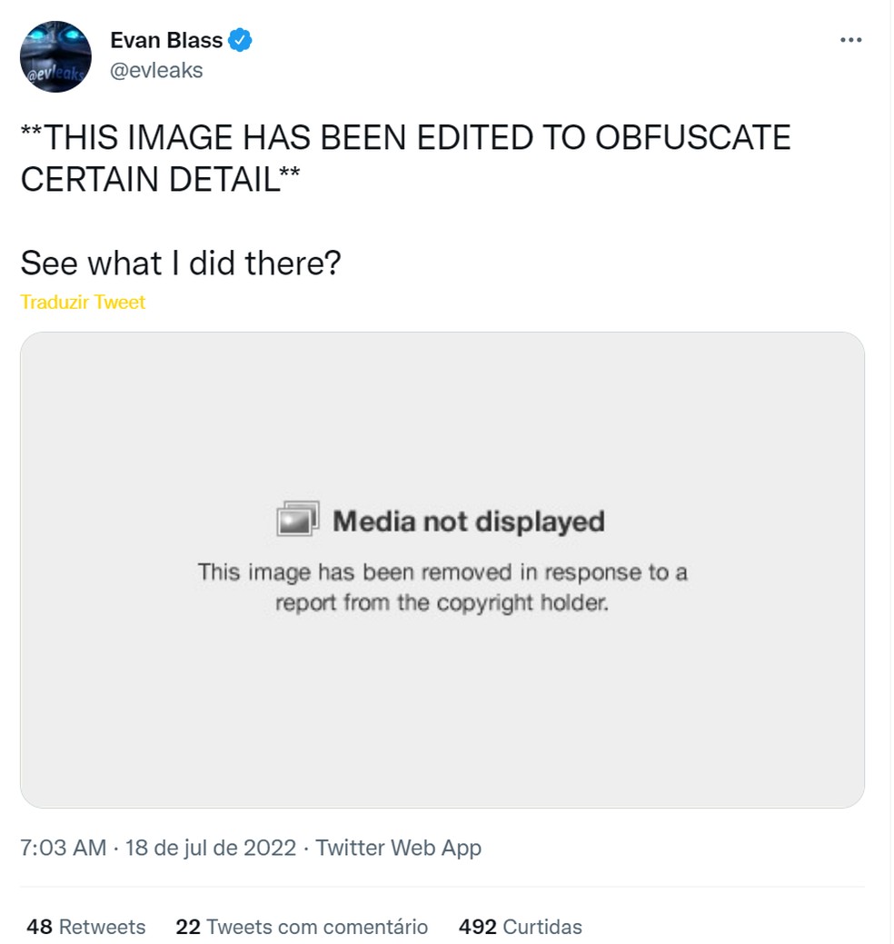 A imagem publicada por Evan Blass foi excluída do Twitter por uma reinvindicação de direitos autorais — Foto: Reprodução/Twitter