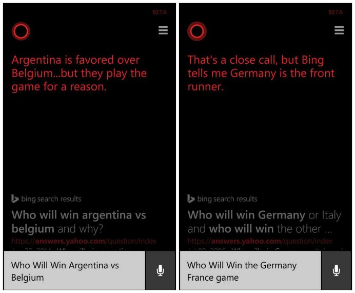 Cortana faz apostas sobre as quartas da Copa do Mundo (Foto: Reprodução)