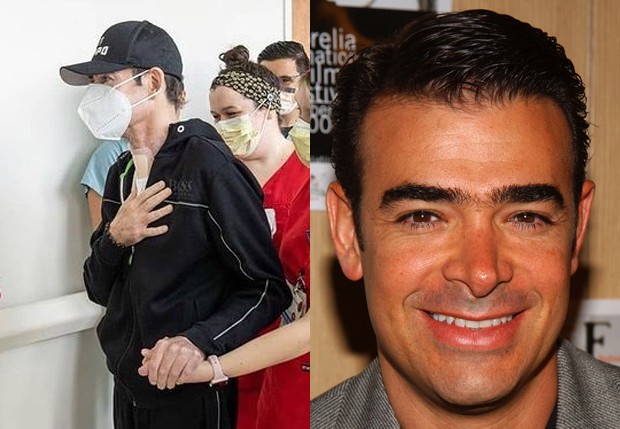 O ator e cantor mexicano Toño Mauri ao ter alta após Covid e antes do contágio pelo novo coronavírus (Foto: Caraota Radio e Getty Images)