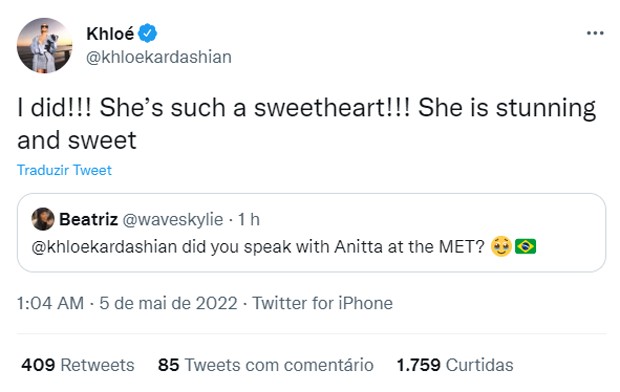 Khloé Kardashian elogia Anitta após conversar com ela no Met Gala 2022 (Foto: Reprodução/Twitter)