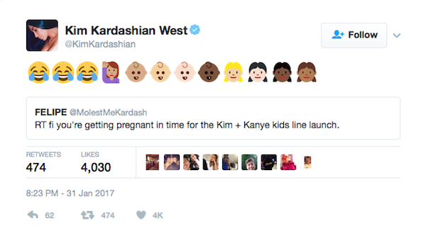 A mensagem de Kim Kardashian dando a entender que estaria empenhada em ter um terceiro filho (Foto: Twitter)