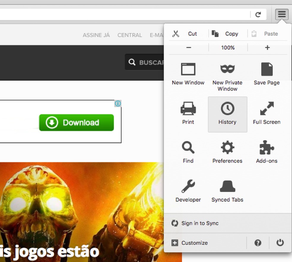 Histórico de navegação do Firefox — Foto: Reprodução/André Sugai