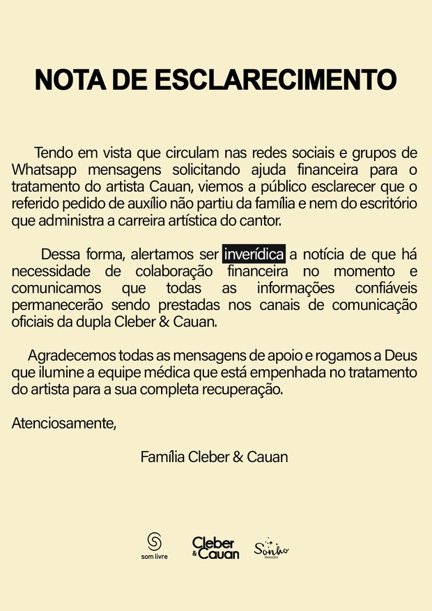 Família de Cauan Máximo afirma ser "inverídica" notícia sobre pedido de ajuda financeira (Foto: Reprodução/Instagram)