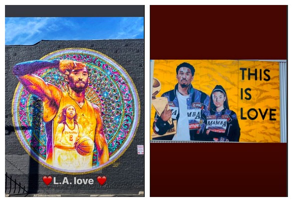 Dois dos posts compartilhados por Vanessa Bryant, viúva do ex-jogador de basquete Kobe Bryant (1978-2020), mostra um dos murais de Los Angeles em homenagem a ele e à filha intactos em meio aos protestos pelo assassinato de George Floyd (Foto: Instagram)