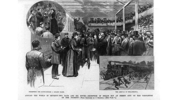 Ilustração retratando a recepção a Nellie Bly em Jersey City quando ela completou sua viagem de volta ao mundo, em 1890 (Foto: LIBRARY OF CONGRESS)