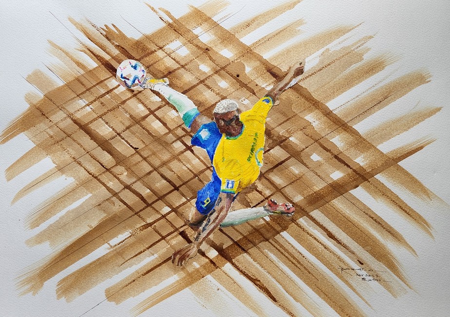 A pintura do gol de Richarlison representa o amor do artista Patric Rozario pelo futebol brasileiro