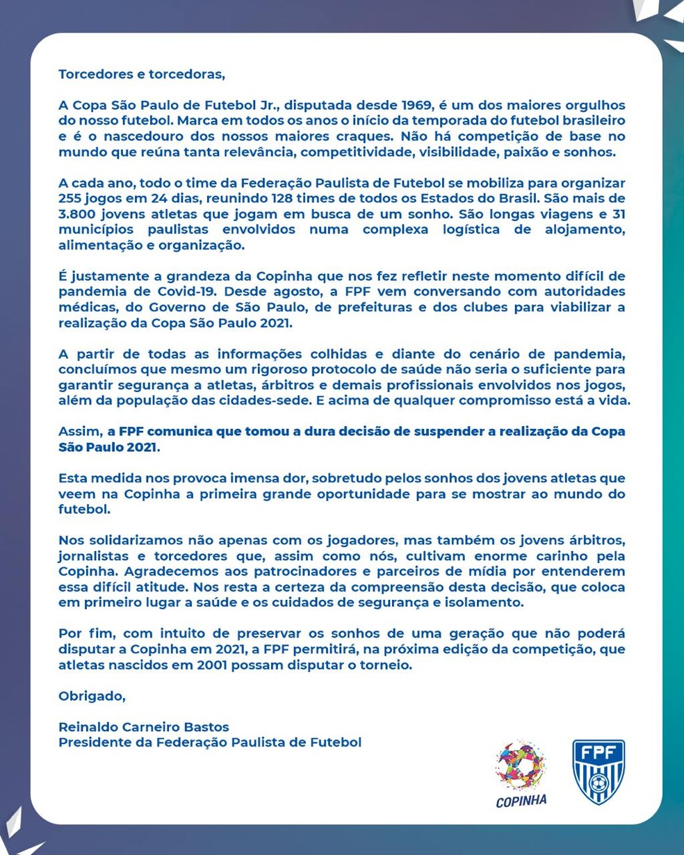 Comunicado da FFP sobre o cancelamento da Copinha de 2021 — Foto: Divulgação