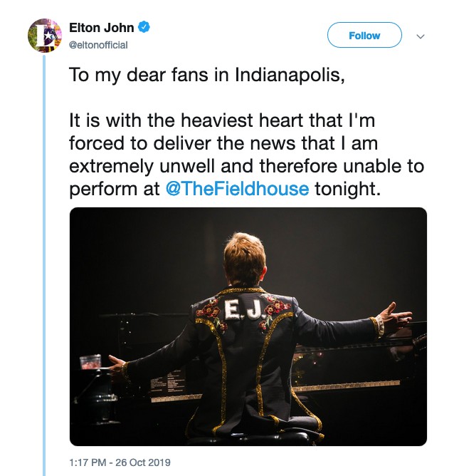 O post de Elton John no Twitter anunciando o cancelamento de seu show em Indianápolis (Foto: Twitter)
