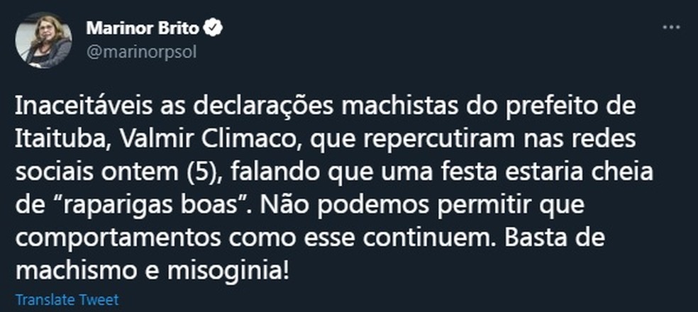 Deputada critica declarações de prefeito de Itaituba, no Pará. — Foto: Reprodução / Twitter