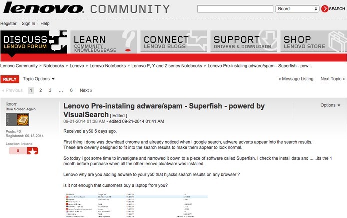 Imagem mostra postagem original no fórum da Lenovo, que denunciou o Superfish (Foto: Reprodução/Internet)
