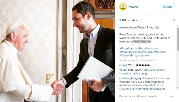 Encontro entre o papa Francisco e Kevin Systrom, CEO do Instagram, aconteceu no Vaticano. (Foto: Reprodução / Instagram / newsva)