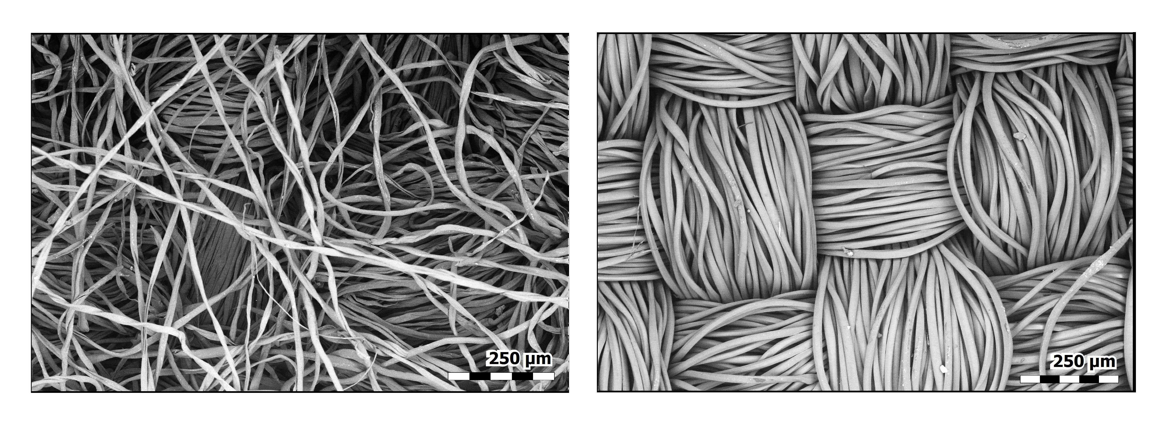 Acima, imagens de microscópio eletrônico de uma flanela de algodão (à esquerda) e poliéster (à direita). (Foto: .P. Vicenzi/Smithsonian’s Museum Conservation Institute and NIST)