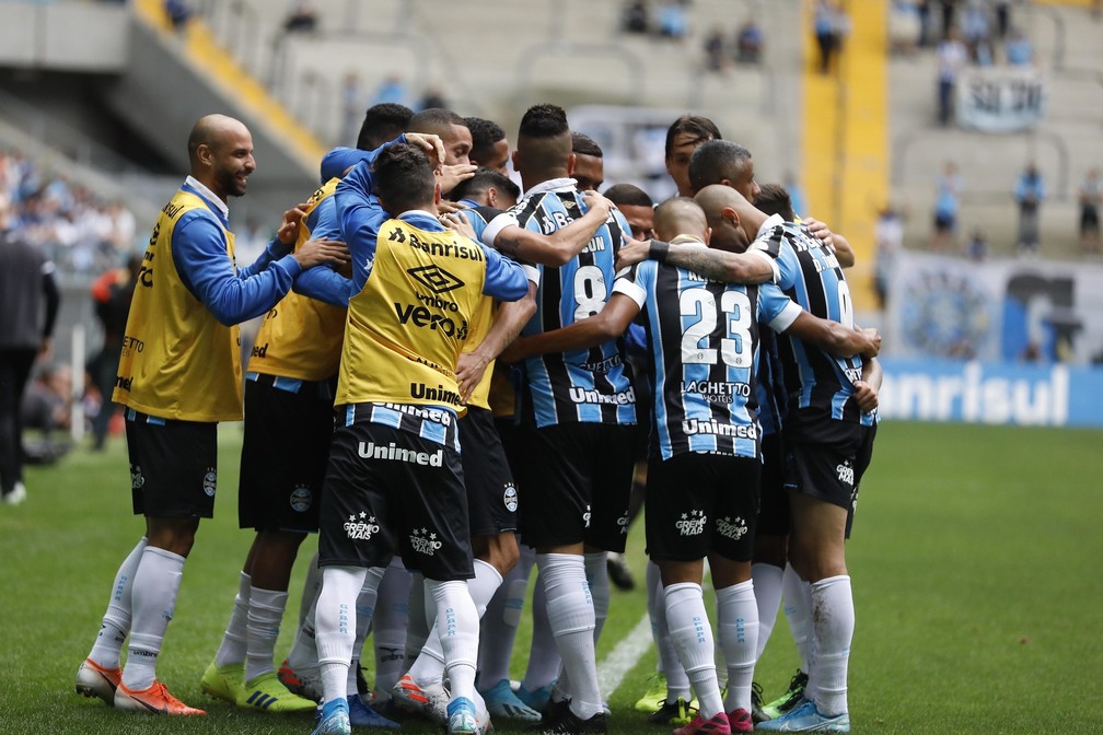 Jogadores do Grêmio comemoram gol contra o Botafogo — Foto: Itamar Aguiar/Agencia Freelancer