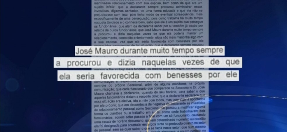 Trecho de denúncia aponta que o delegado cometia assédios contra a policial civil  — Foto: Reprodução/ TV TEM 