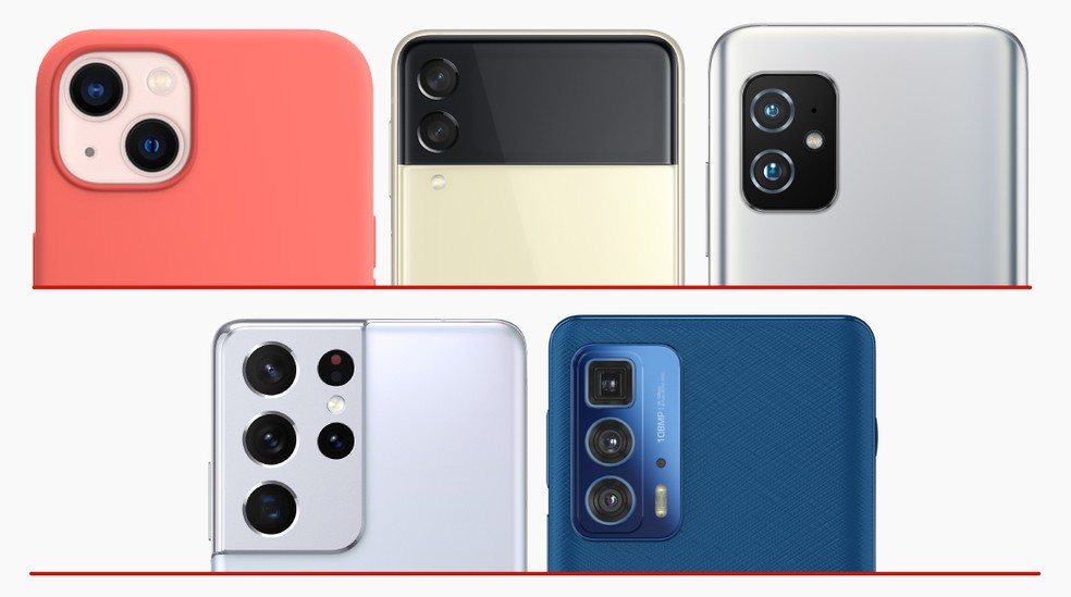 Câmeras: dupla no iPhone 13, Galaxy Z Flip3 e Zenfone 8, cheia de recursos no Galaxy S21 Ultra e Edge 20 Pro. — Foto: g1