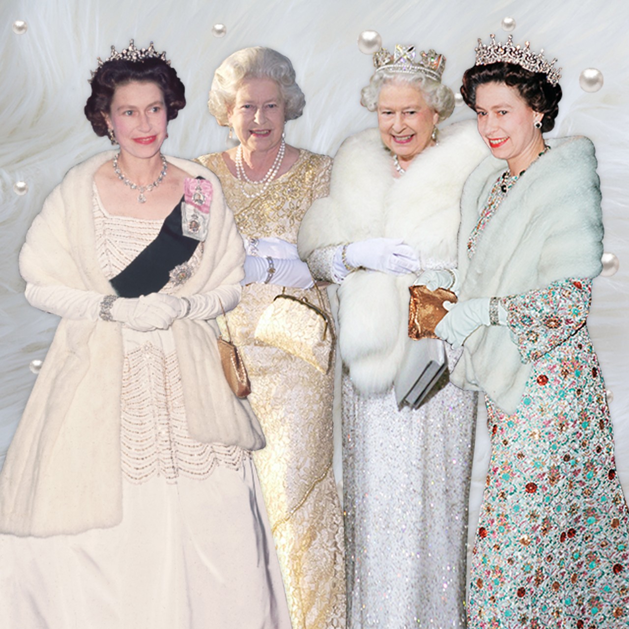 Rainha Elizabeth 2ª em quatro vestidos de noite com joias diferentes (Foto: BBC News)