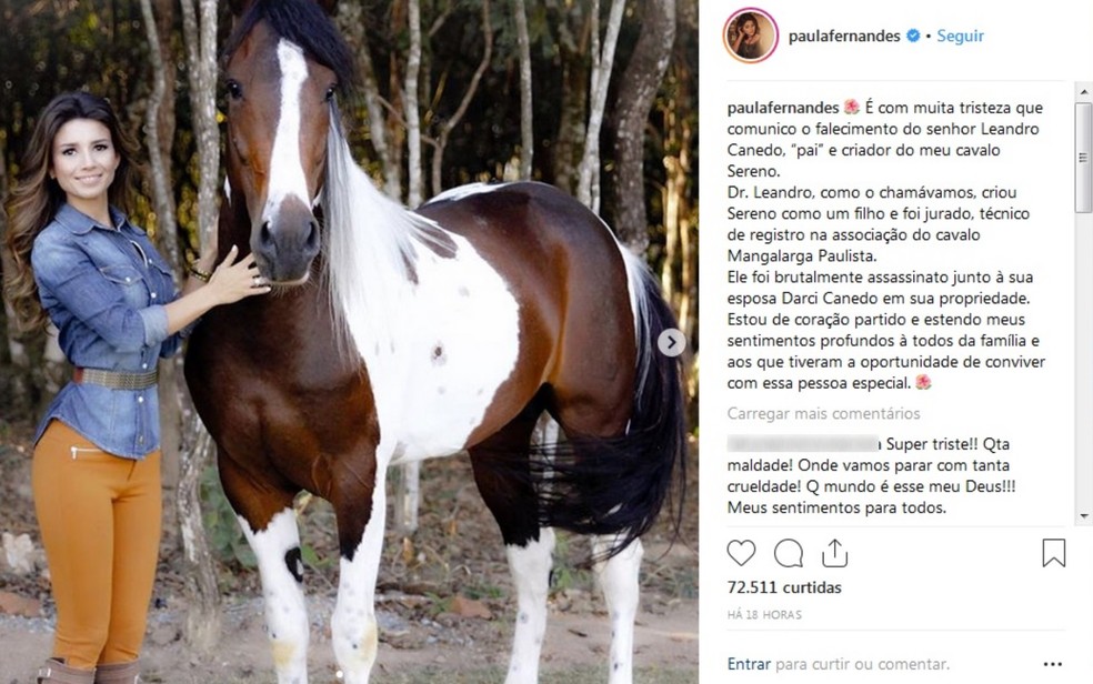 Cantora Paula Fernandes lamenta morte de criador de cavalos e eposa em Goiás — Foto: Instagram/Reprodução